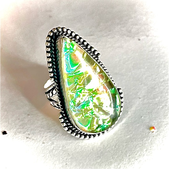New 925 Sterling Silver Green Yellow Triplet Opalite Artisten Tear Drop Ring - Picture 3 of 17